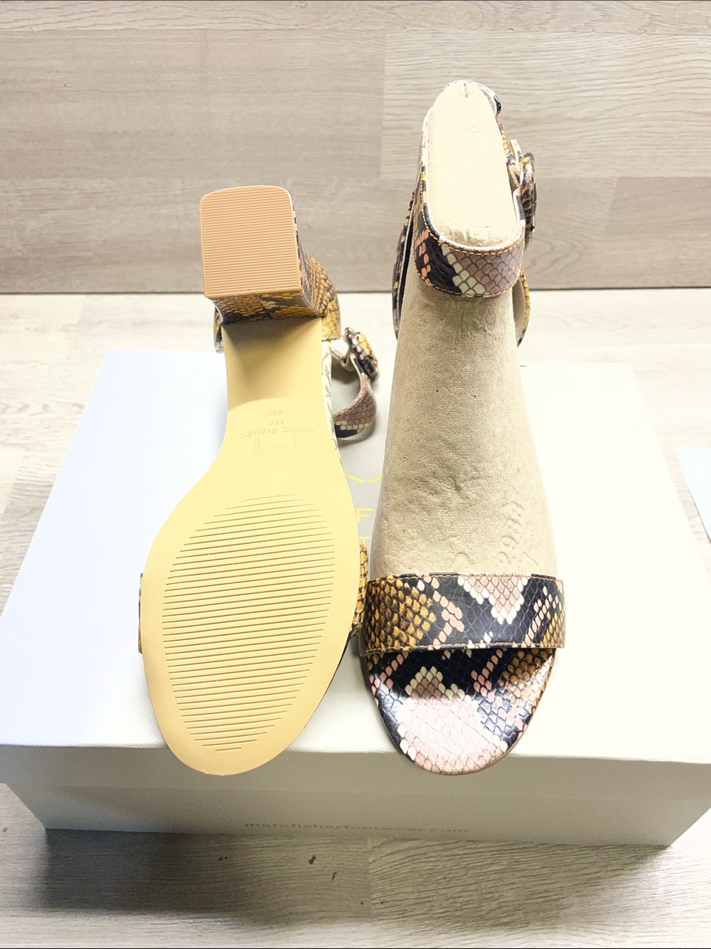 Marc Fisher Snake-Print Block Heel Sandals in Pink, Brown and Black #119